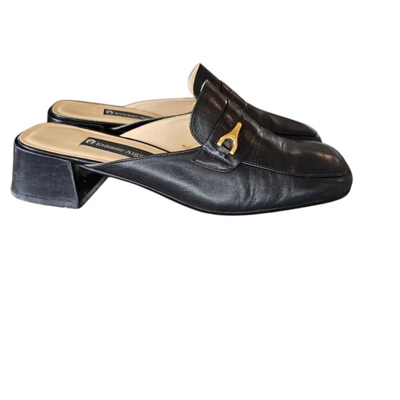 Y2K 90s Etienne Aigner Black Leather Mules Clogs Loafers Sz 8.5 Square Toe - Picture 2 of 13